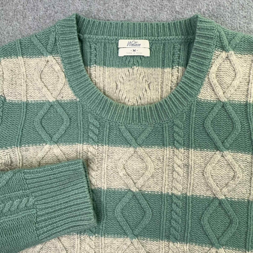 WALLACE 100% Lambswool Cable-Knit‎ Fisherman Sweater Cream Sage Women's Size M